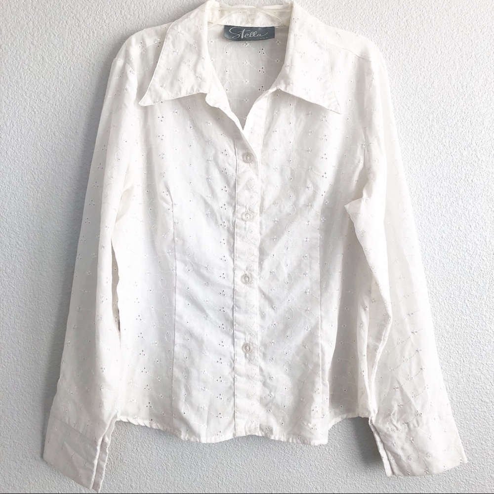 Vintage 90s White Long Sleeve Button-down Top Med